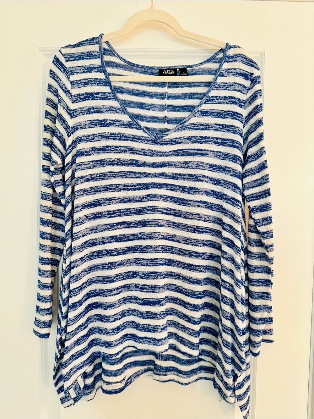 a.n.a Blue & White Striped V-Neck Women's Top